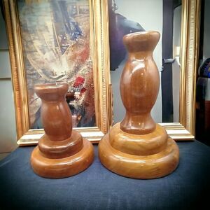 VTG Hand Turned Wooden Votive Candle Holders Offset Walnut? MCM Felted Pair
